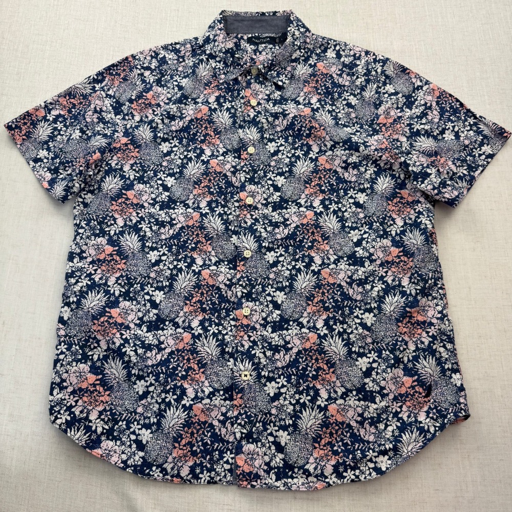 Nautica Button Down Shirt Mens Large Navy Pineapple Floral Short Sleeve Tropical